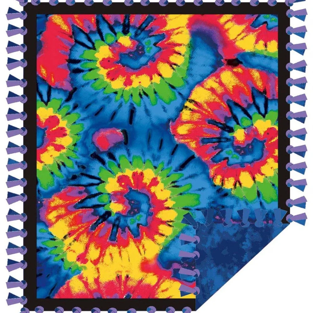 Rainbow Tie Dye Swirl on Blue No Sew Fleece Blanket 48 inches wide
